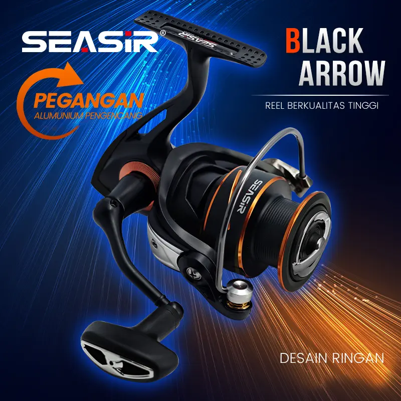 SEASIR x SEAHUNTER BLACK ARROW 1000-3000 Reel Pancing Putar, Power Handle Reel Tahan Air Kumparan Dangkal Aluminium, Bantalan Bola 5+1, Rasio Gir 5.2:1, Tarikan Maksimal 13KG, Gir Utama Logam Tarikan Kuat Lebih Halus Berkualitas saltwater Laut 1