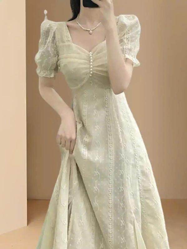 Đầm ren Midi tay phồng đính ngọc phong cách tiểu thư dịu dàng - EVA dress 2