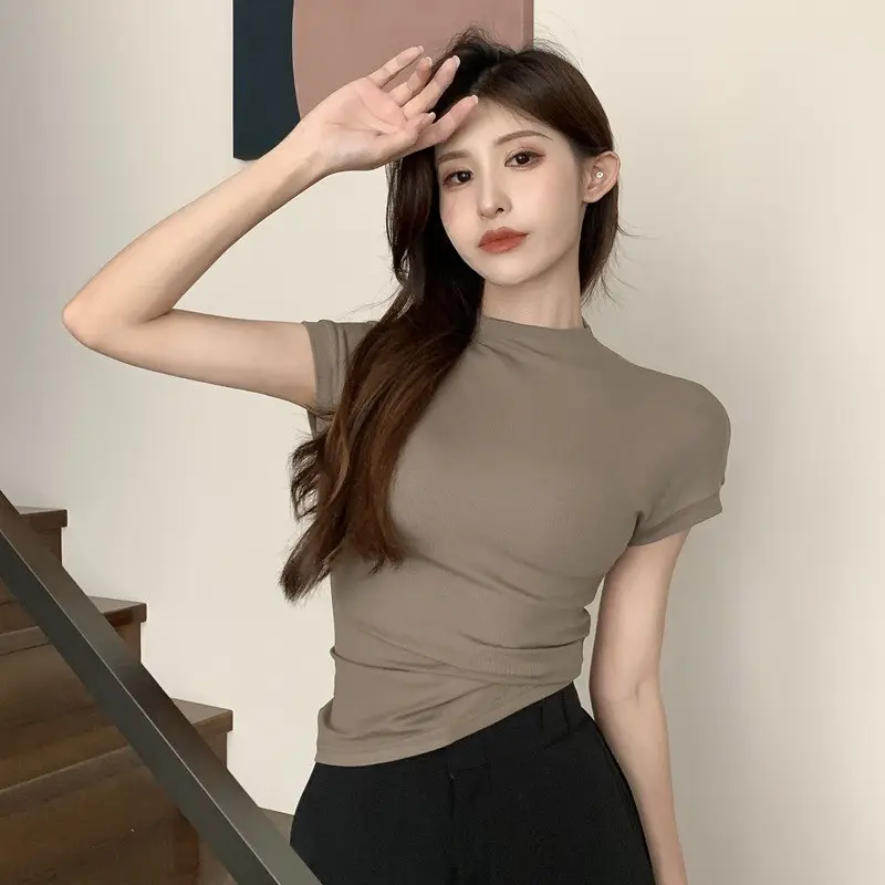 Korean Fashion Basic Crop Top Lady Short Sleeve Crewneck Skinny T-shirt Summer Tee for Women Vintage Top Harajuku Y2k Streetwear