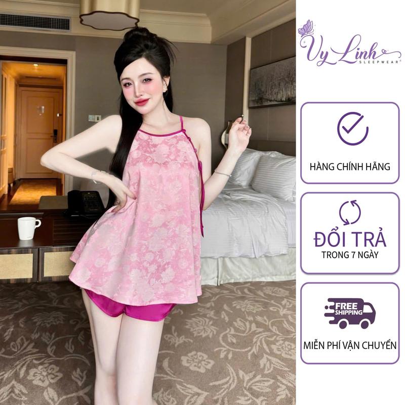  Vy Linh SLEEPWEAR Bộ Đồ Yếm Ngủ Dành Cho Nữ Hoa Tiết Bông Chất Liệu Gấm Hoa Phối Quần Lụa Latin Nhẹ Mát 1251 