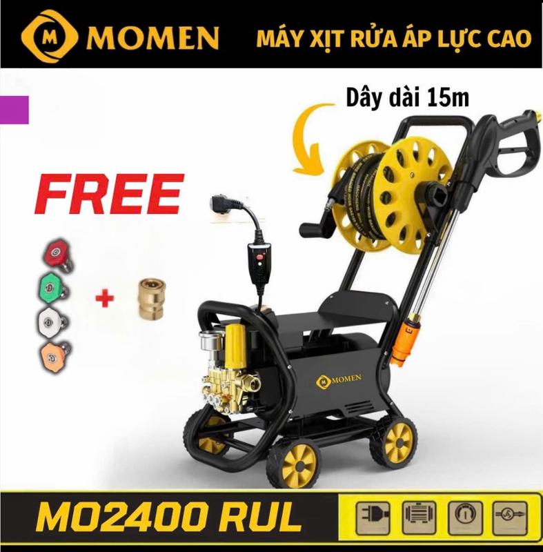   AFF  Máy Rửa Xe Bán Công Nghiệp Momen 2400 Siêu Mạnh - Có Rulo Cuốn Dây Và Khung 4 Bánh Xe - Lõi Đồng - Dây Dài 15m +  Bộ 4 Béc Phun Chuyên Dụng 
