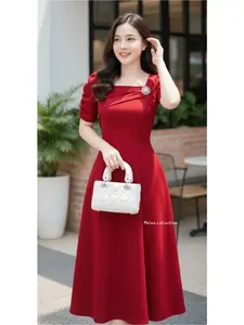 Dress Anggita Dress Formal Bahan Scuba Elastis LD 90/95 Gaun Wanita Gaun Formal Merah Elegan