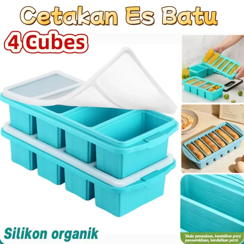 Cetakan Es Batu Kotak Silikon Silikon Ice Cube Tray Tutup 4 Kotak Panjang Kitchenware Multifungsi Silicone Tahan Dingin Panas