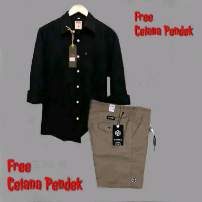 PAKET HEMAT COD Setelan Kemeja Lengan Panjang Pria Dewasa Celana Pendek Pria Dewasa Laki Laki One Set Pria Polos Lengan panjang Katun 7
