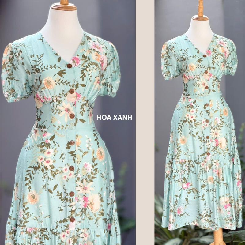 K382 - VÁY HOA CỔ V TÙNG ĐUÔI CÁ DÁNG DÀI - đầm nữ đẹp