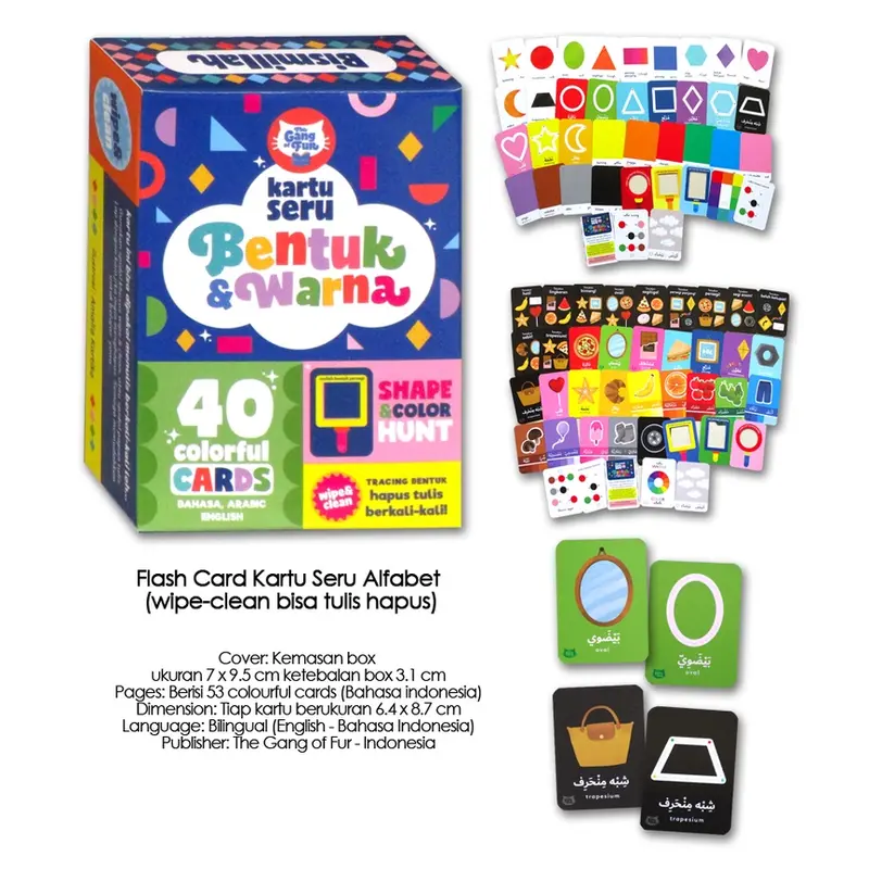 Flash Card Kartu Seru BENTUK & WARNA (wipe-clean bisa tulis hapus) (Bhs Indonesia, Inggris & Arab) 4