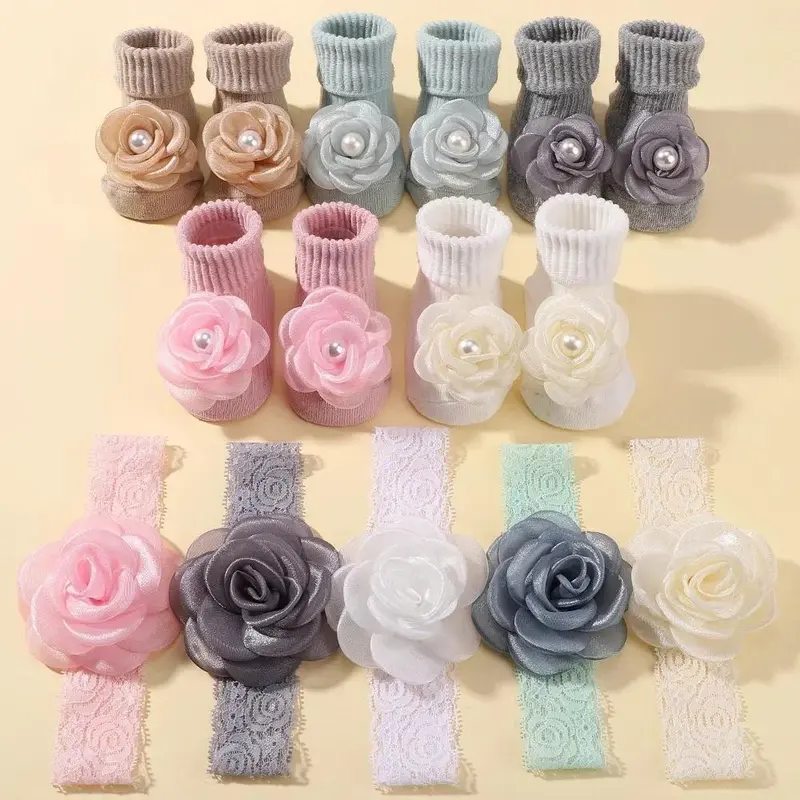 1 Set Sweet Lace Rose Flower Baby Socks Hair Band Set Infant Toddler Non Slip Breathable Short Socks Newborn Headband Sets Gift 1