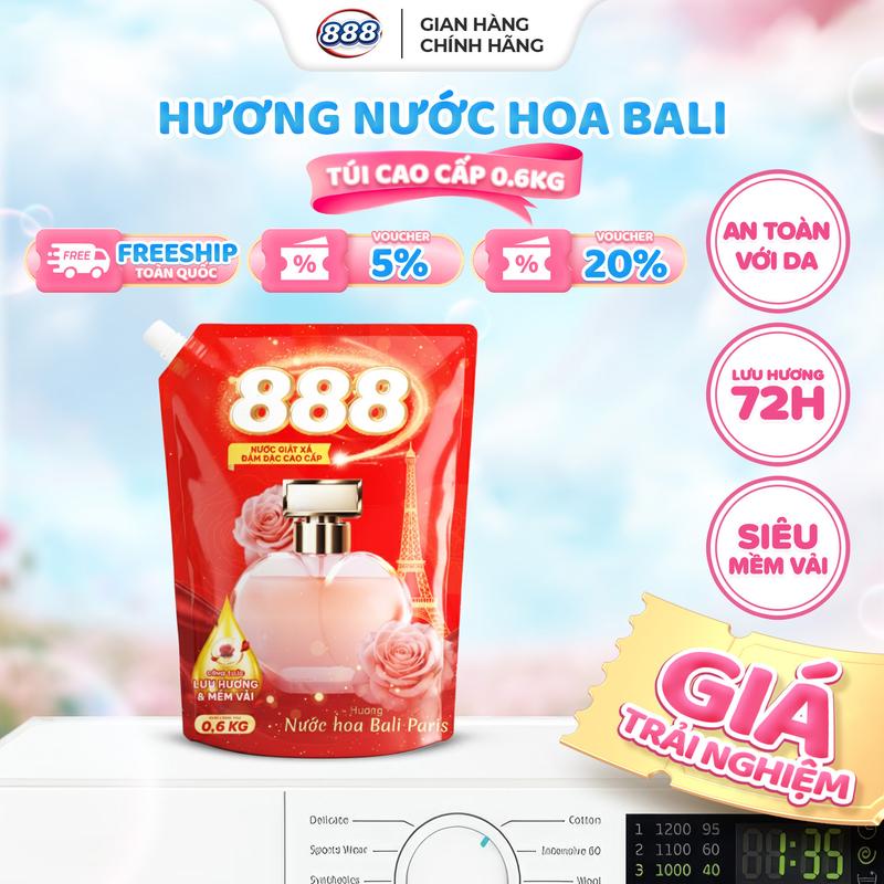  Nước Giặt Xả 888 Hương Nước Hoa Bali 0.6Kg   lưu hương 72 giờ   ko hại da tay   công nghệ châu âu   bền màu áo quần   PP chính hãng D-Shinning   siêu mềm vải   giặt được cửa trước và cửa trên 