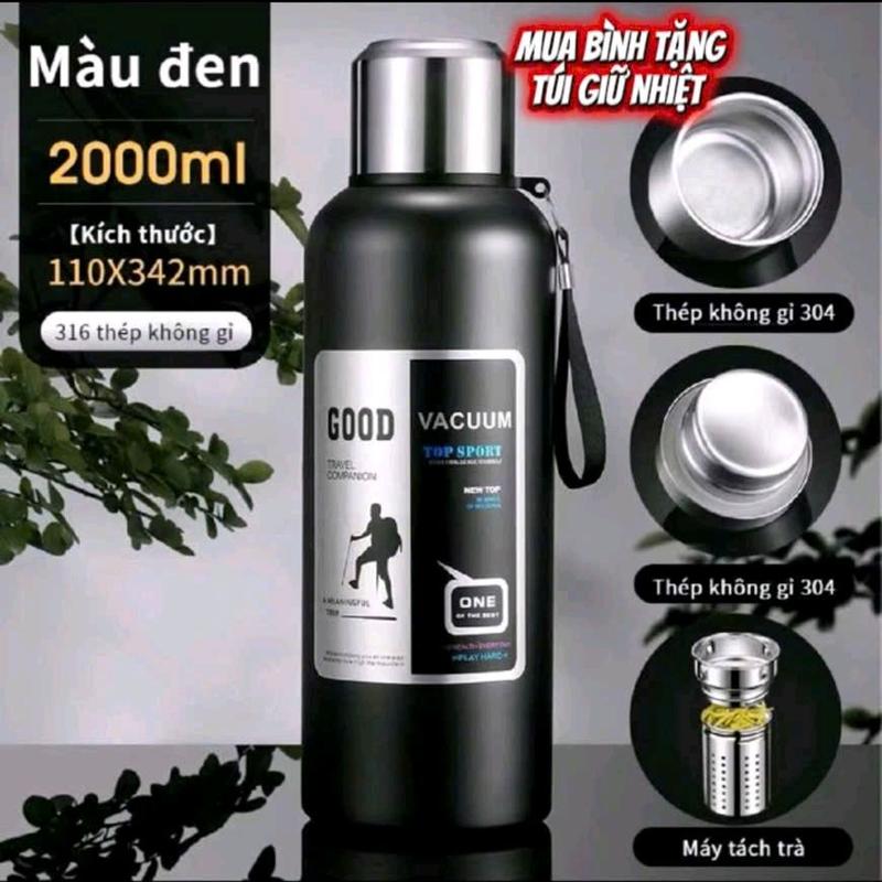 Bình Giữ Nhiệt 2000ml Thép Không Gỉ 316 Giữ Nhiệt 24-36h Dung Tích Lớn Tiện Lợi cho Du Lịch & Thể Thao tặng thêm túi giữ nhiệt nỉ cao cấp