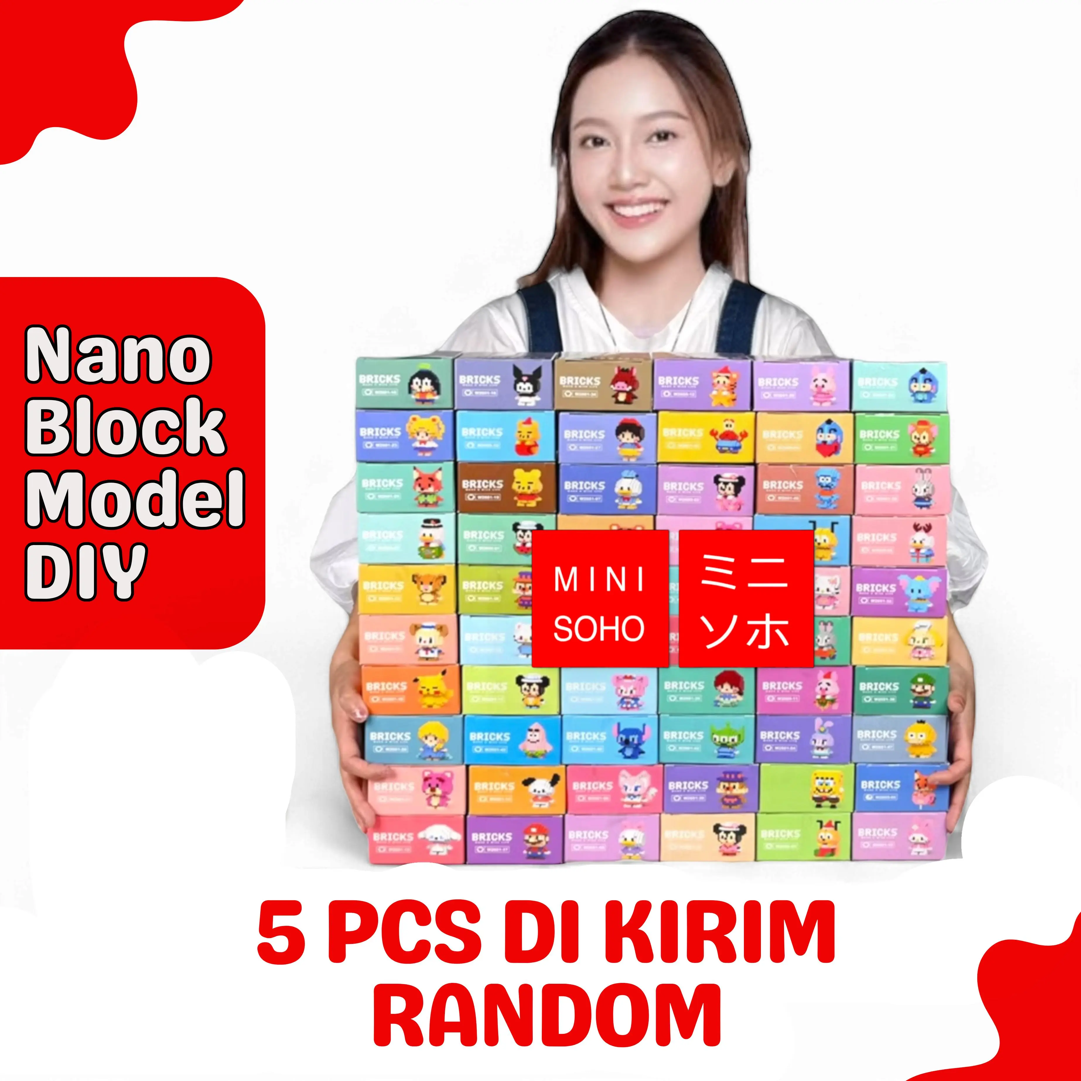 Nano Block Isi 5 Pcs Random Bricks Mini Edukasi Anak DIY Karakter Kartun Mainan Balok Susun COD