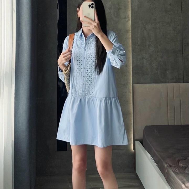 LASER PALE BLUE DRESS - Váy sơ mi dài Baby Doll trẻ trung chất liệu Cotton cao cấp SHEMODA