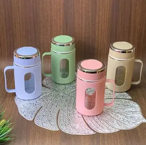 Botol Cangkir Mug Gelas Kaca Gagang Cover Plastik Shell Coffee Cup Souvenir Hadiah Wedding Ultah 500ml