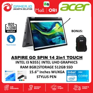 ACER ASPIRE GO SPIN AGSP14 TOUCH 2IN1 CORE 3 N355 RAM 8GB DDR5 SSD 512GB W11+OHS 14.0Inches WUXGA STYLUS PEN