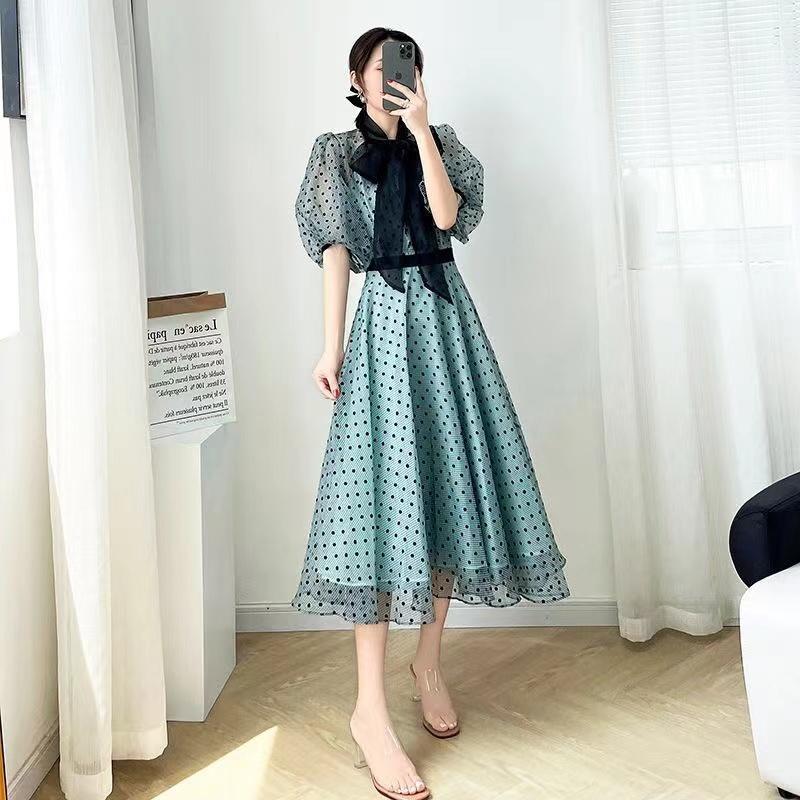 Product Introduction of 2023 Versi Korea Baru dari Gaun Polidar Lengan Polidar/Busur Angkung Rok Tanah Casual Sifon Satin Wanita Panjang Hitam Dress Pendek Midi Retro 25