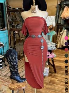 Vestido maxi ajustado con frunces y hombros descubiertos, sexy de primavera y verano — diseño con abertura alta, estilo seductor para eventos nocturnos y ropa de club (cinturón no incluido). 1 pieza.
