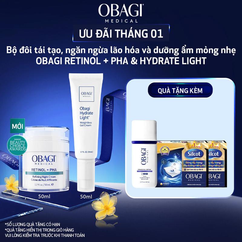 Bộ đôi Kem tái tạo & ngăn ngừa lão hóa da ban đêm Obagi Medical Retinol + PHA 50ml và Kem dưỡng ẩm hàng ngày Obagi Medical Hydrate Light 50ml