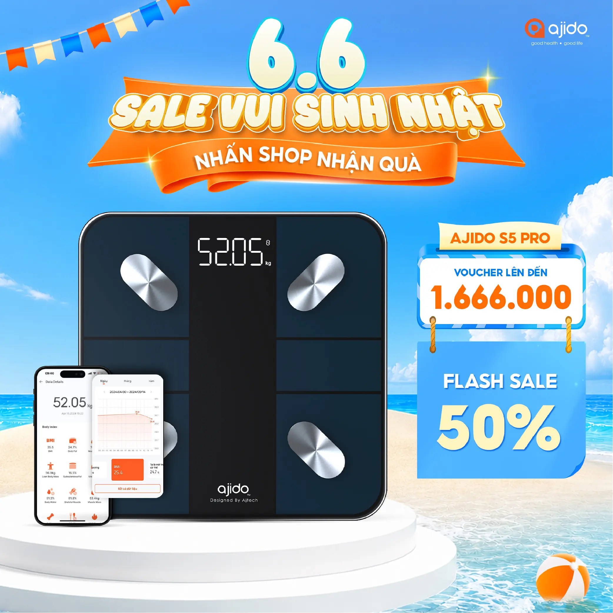 Cân Điện Tử Thông Minh Ajido S5 Pro Kết Nối Bluetooth Với App Ajido Health Phân Tích 20 Chỉ Số Sức Khỏe