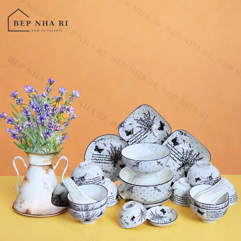 BepNhaRi Bộ Bát Đĩa Họa Tiết hoa Oải Hương Tím Cơ Bản - decor trang trí bàn ăn gia đình