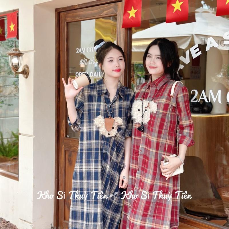 XẢ KHO V911 Váy Sơ Mi Dáng Dài Kẻ Gấu Xù Dáng Xuông , Váy Nữ Dáng Dài Xuông Dễ Mặc.
