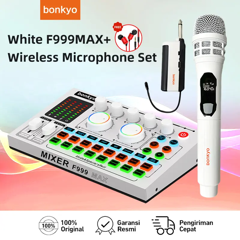 Bonkyo White F999Max Soundcard + Wireless Microphone Full Set - Bluetooth Live Sound Card and Audio Mixer for Live Broadcasting Local Smartphone