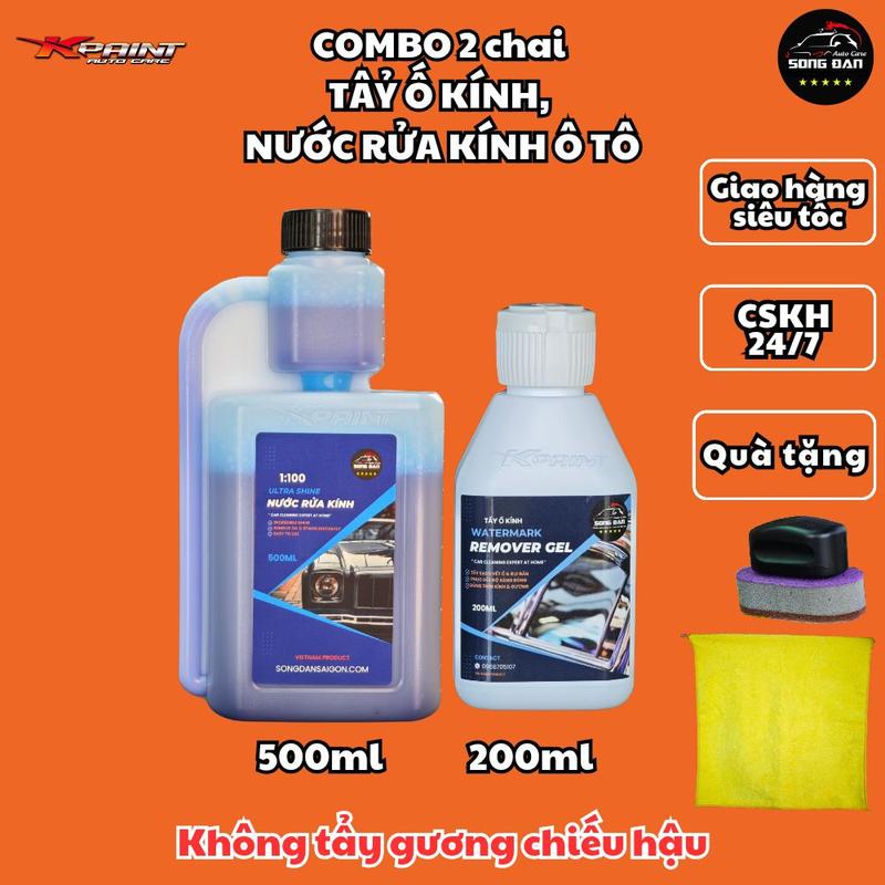 COMBO SONG ĐAN 500ml Gel Tẩy Ố Kính + Nước Rửa Kính Ô Tô SONG DAN Glass Cleaner TẶNG mút + khăn nuoc ruakinhoto cancan xi