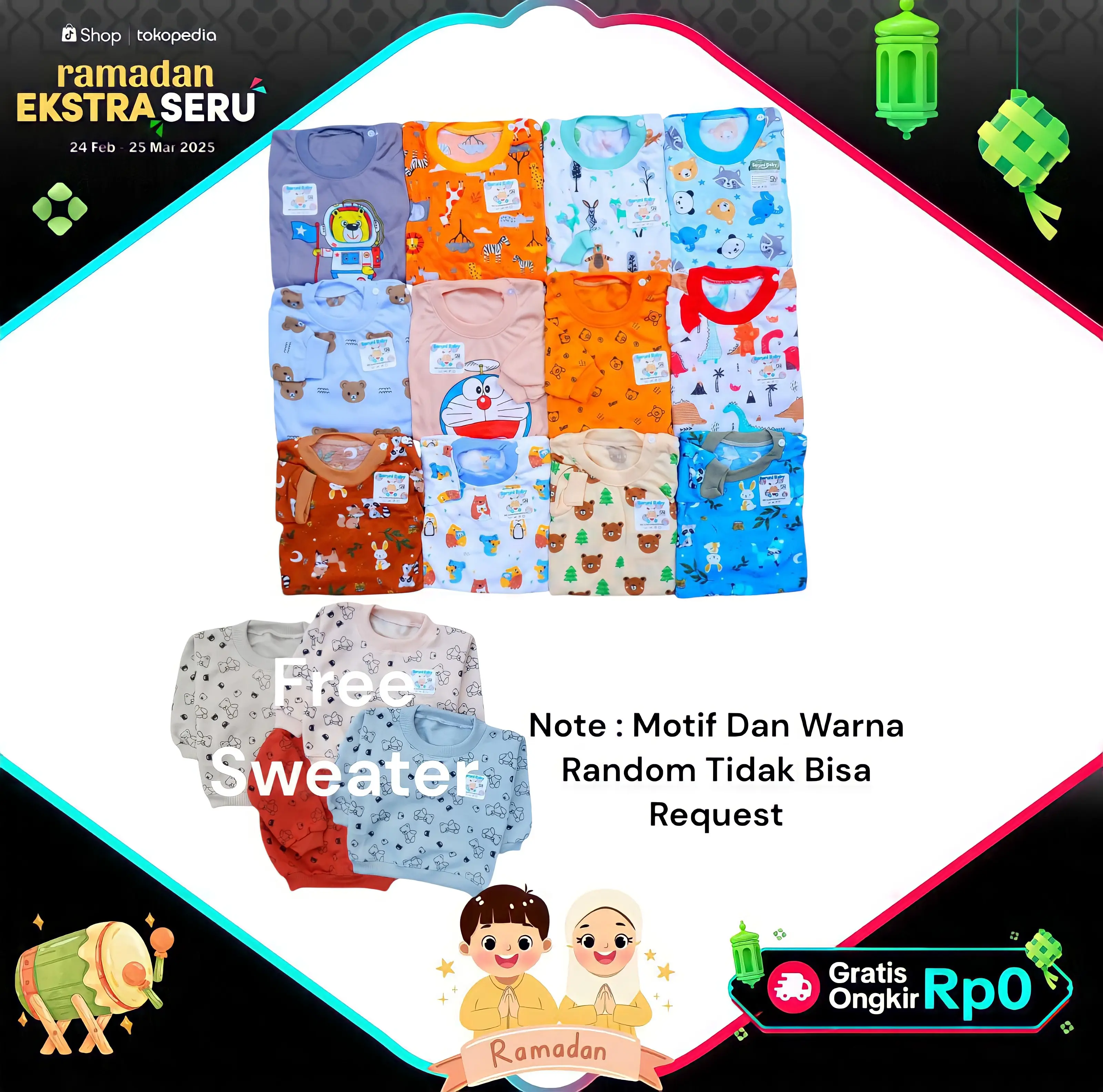 FREE SWEATER PAKET SETELAN ( ISI 6 - 7  STEL ) 0-12 BULAN MIX MOTIF  Cewe Cowo