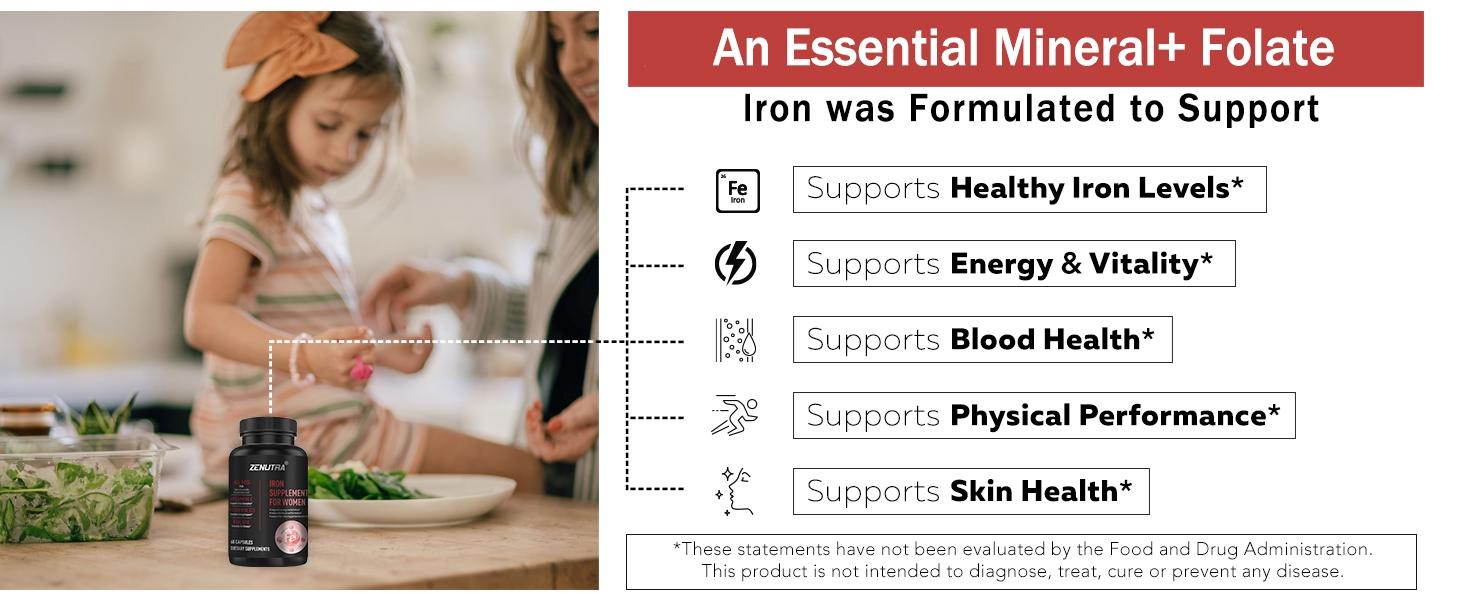 Suplemen Zat Besi untuk Wanita - Meningkatkan kekebalan tubuh dan memperbaiki kondisi kulit, Daya Serap Tinggi - Mendukung Darah & Energi - 60 Kapsul
