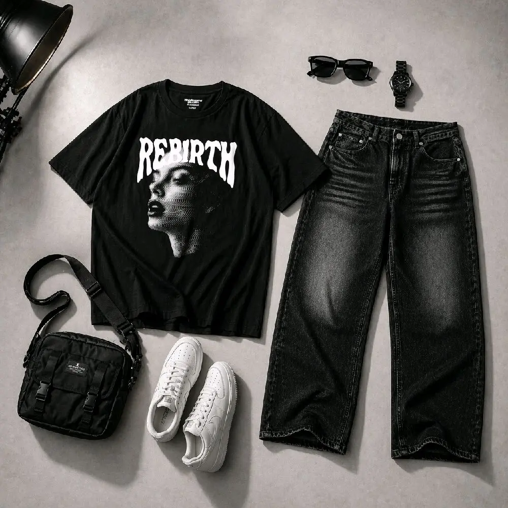 Setelan Kaos Unisex Rebirth Dan Celana Skena Gombrong Wisker untuk Pria/Wanita dengan Desain keren dan Nyaman