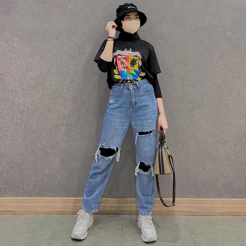 Boyfie Geisha Celana Jeans Wanita Sobek Tidak Tembus Bahan Non Melar Bf Geisha High Waist Panjang Nyaman Boyfriend Cewek Dewasa 4