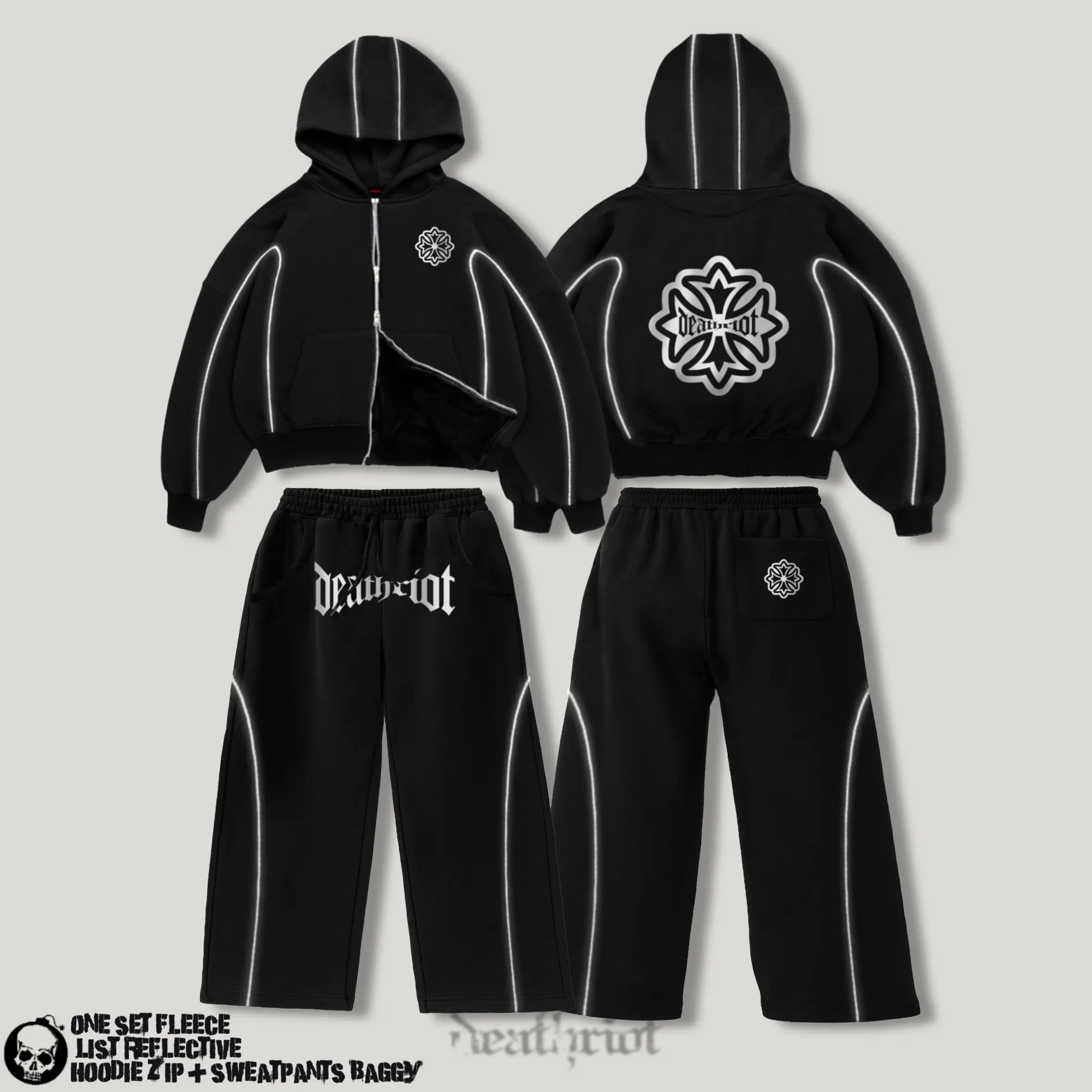 DTRT - One Set Reflektif Hoodie Boxy Double Zipper Sweatpants Baggy List Menyala 280 GSM - Symbol