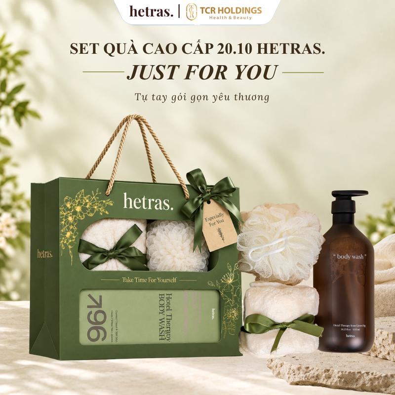 Set quà cao cấp 20.10 Hetras Just For You – Sữa tắm nước hoa & bộ phụ kiện thư giãn khăn tắm, bông tắm