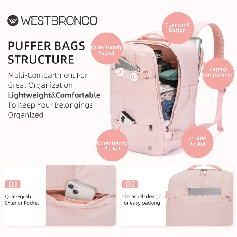 WESTBRONCO[PUFFER NUBIPACK] ransel multifungsional,terpisah basah dan kering,ritsleting anti-pencurian,lembut dan ringan,ransel perjalanan portabel 3