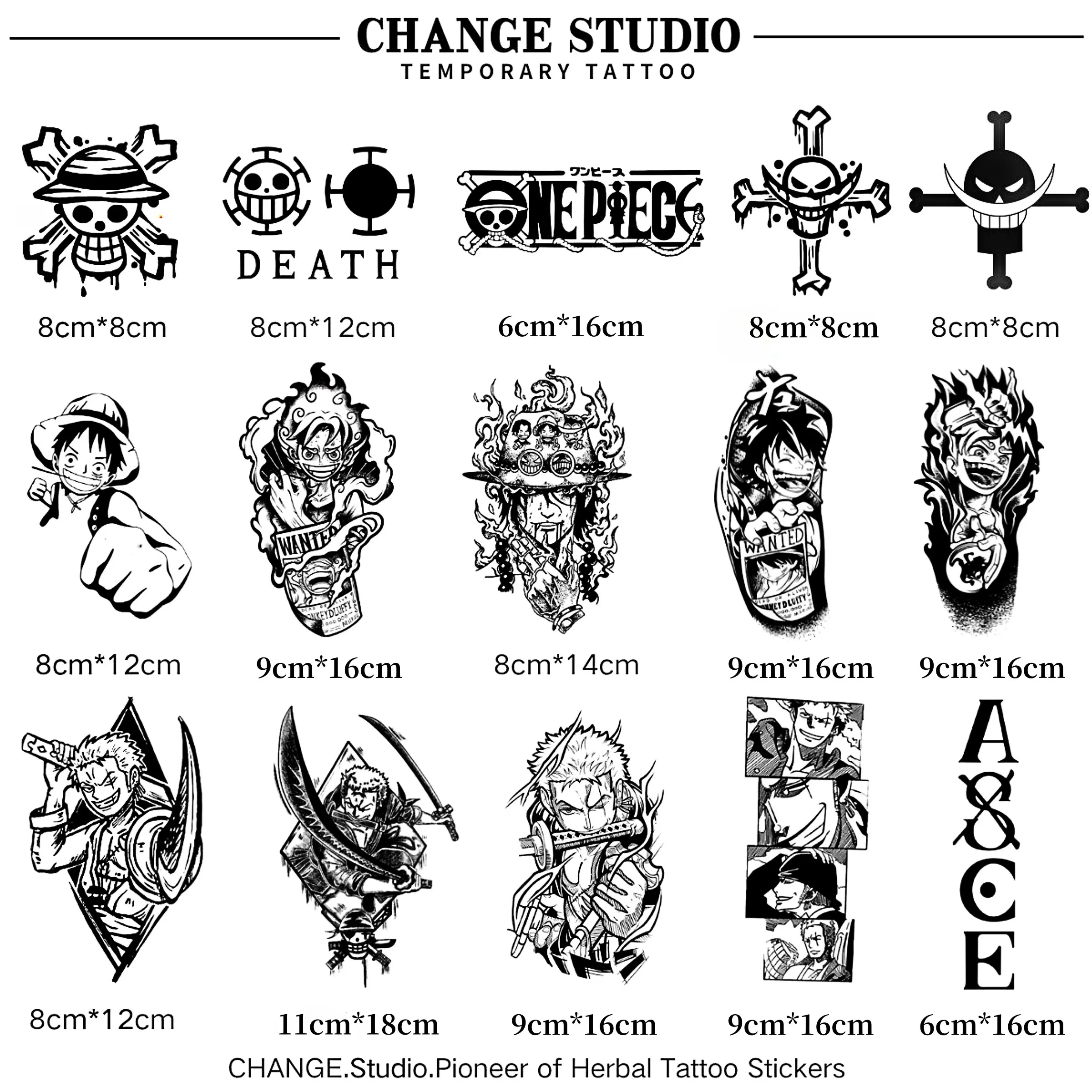 Monkey D. . Tatu Sementara, Logo One Piece Luffy dan Roronoa Zoro, Tahan 15 Hari, Kalis Air, Tidak Takut Melawan Gelombang Pelekat tatu