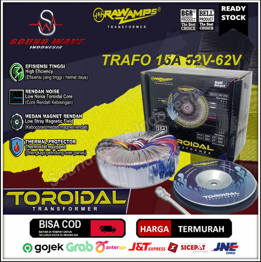 TRAFO TOROID 15A CT 52V - 62V TRAVO DONAT TOROIDAL RAWAMPS ORIGINAL