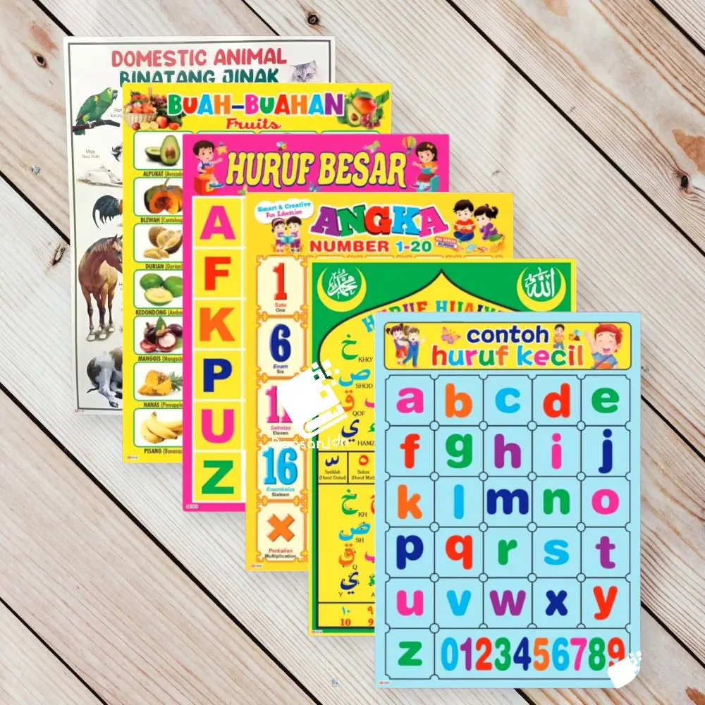 Paket 6 Poster Edukasi Anak/Poster huruf besar, huruf kecil, angka 1-20, huruf hijaiyah, binatang jinak, buah kuning, Stationery