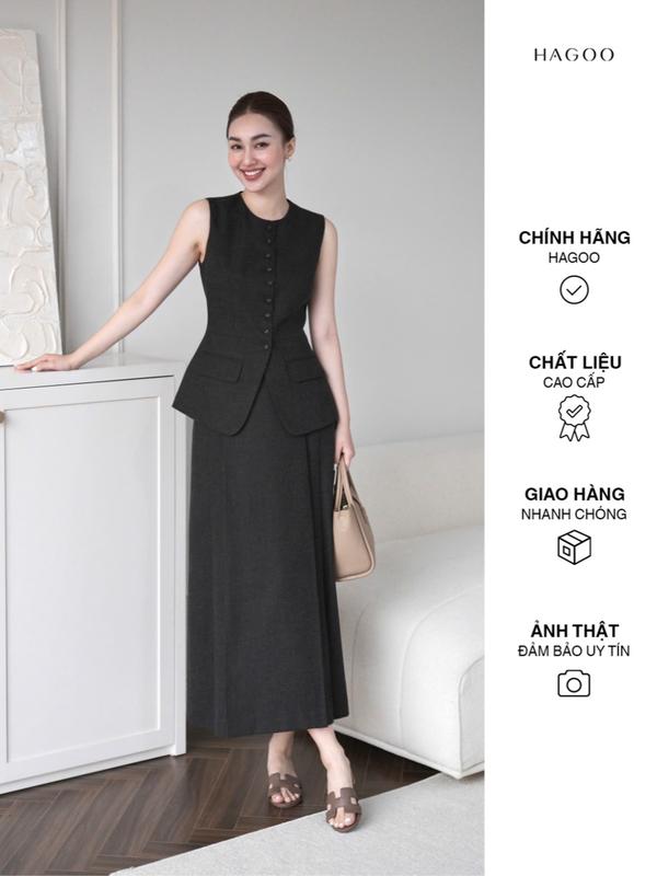 HAGOO Áo gile dáng dài phối chân váy dài nữ dáng xoè màu ghi có tách set HAGOO phong cách công sở thanh lịch A441-CV441