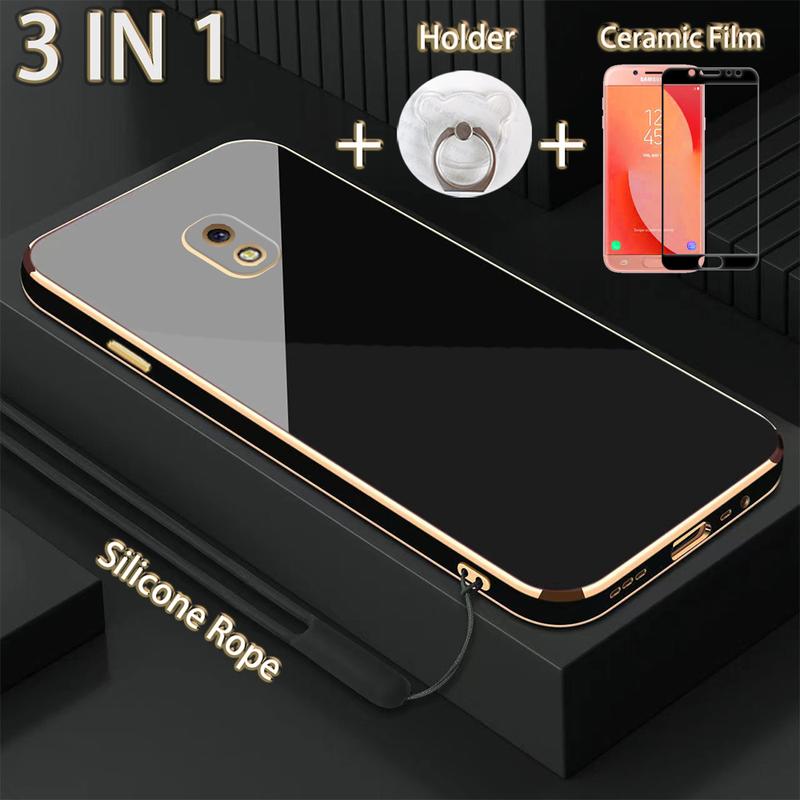 Vỏ mạ điện 3 trong 1 cho Samsung J7 Pro J7 2017 cạnh thẳng bảo vệ màn hình gốm giá đỡ và dây silicon