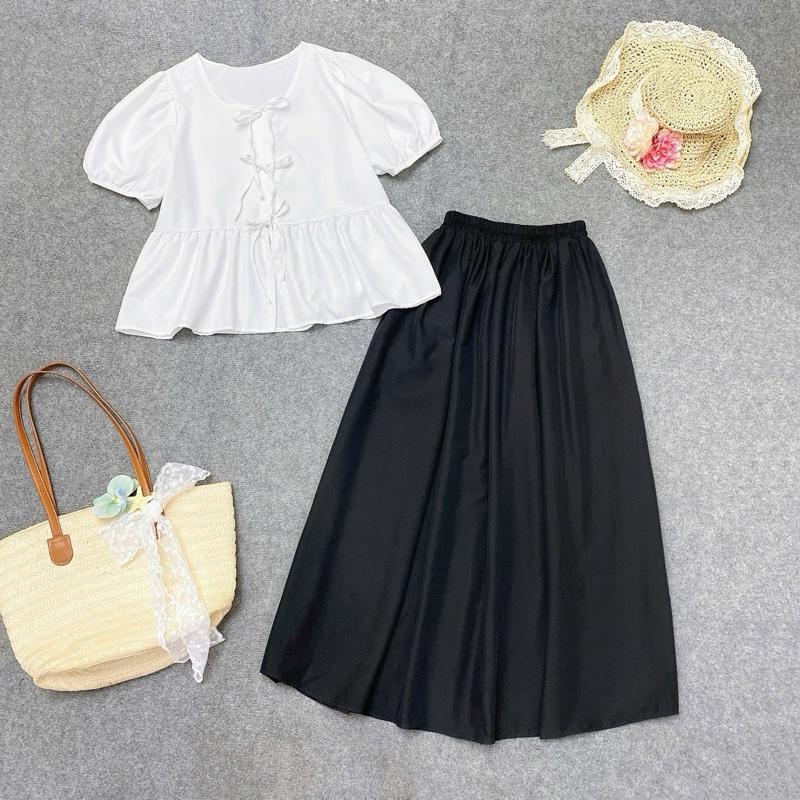 Set Áo Váy Mùa Hè Nhẹ Nhàng Bigsize, Áo Babydoll Tay Bồng Vải Lụa Hàn Phối Váy Dài Nàng Thơ Cho Nữ Chuppy (58-92Kg) - A191 CV15