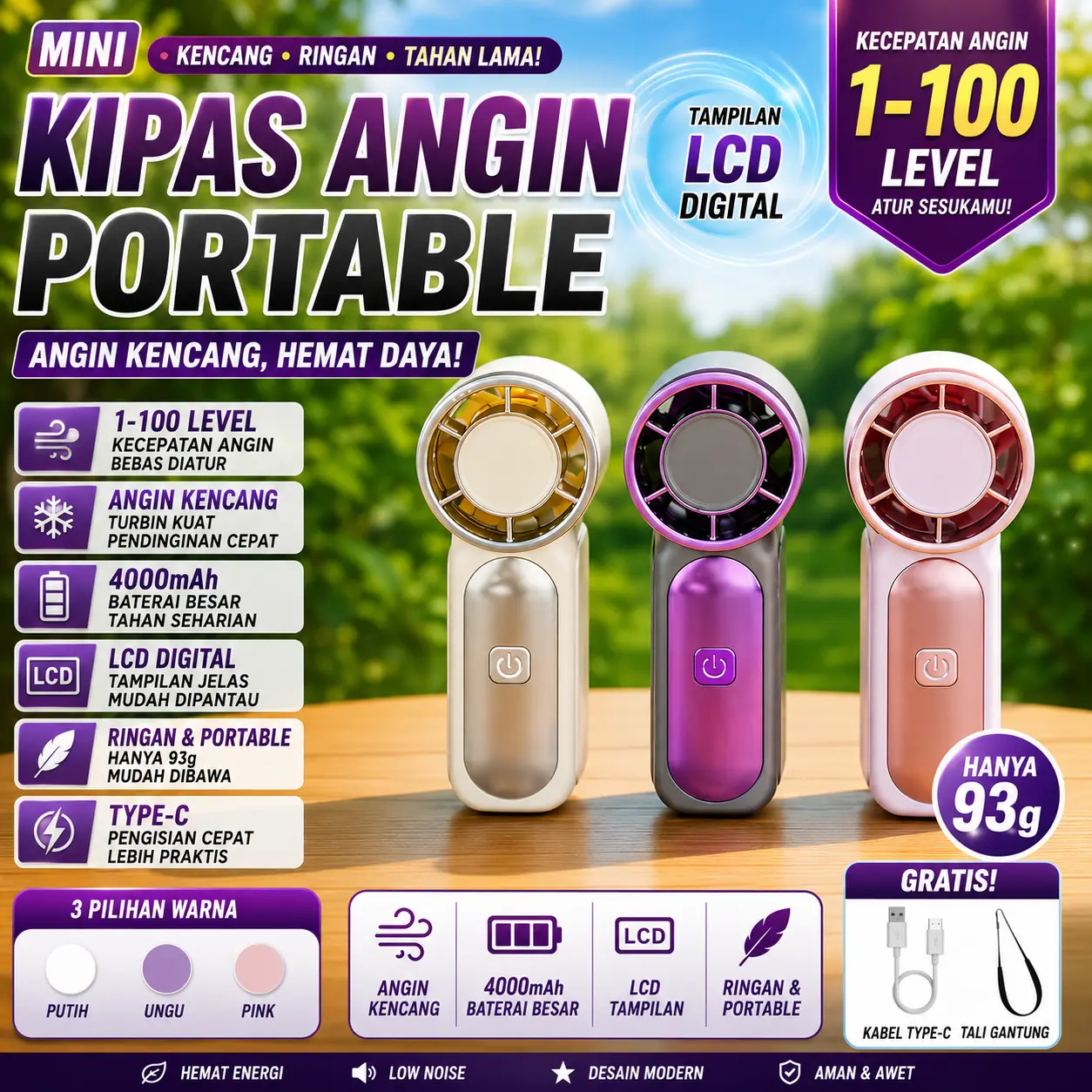 【somebodye】 Mini fan Kipas Angin portable Kecil 20000rpm High Speed Portable 3000mAh LED Display 100 Gear Strong Wind X688