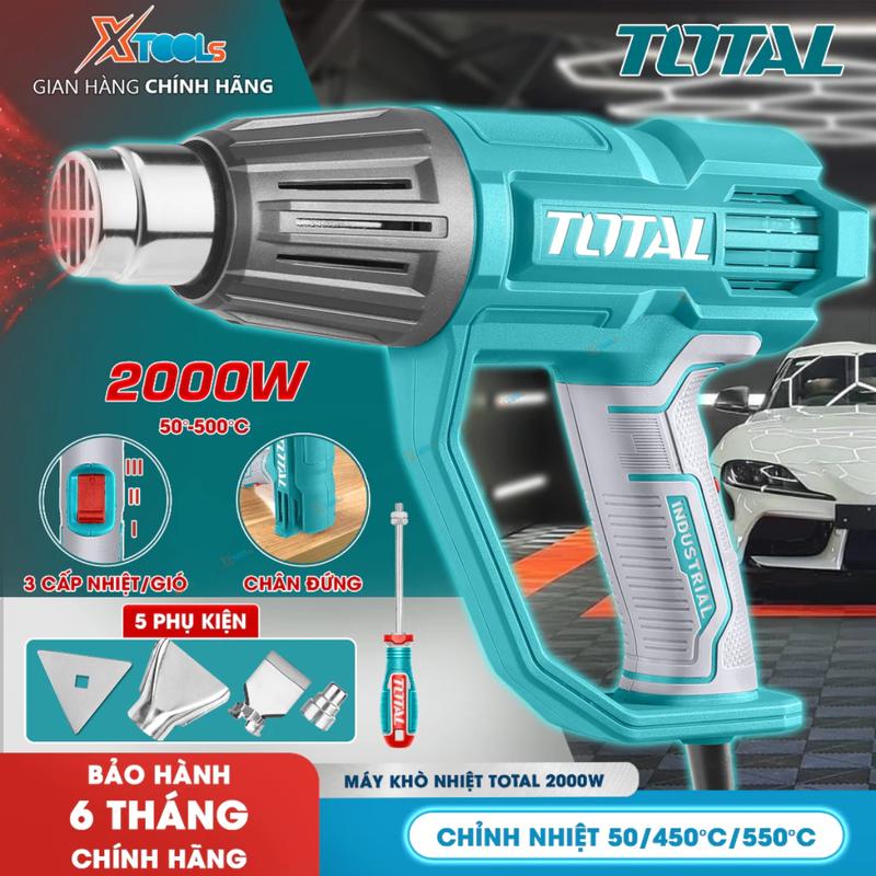 Máy khò nhiệt cầm tay TOTAL 2000W 50-550°C full phụ kiện Máy khò màng co dán decal dán film máy thổi hơi nóng TB20078