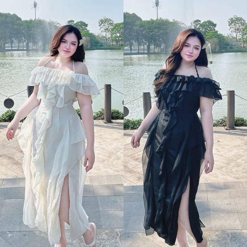 Mèo Mỡ Bigsize — Đầm trễ vai tua rua tay ngắn dáng dài xẻ tà dáng dài bigsize 55-90kg hè đi biển Voan Nữ Dress Women Váy Maxi nữ