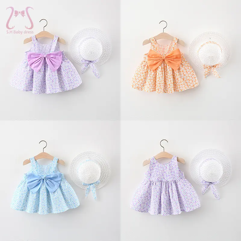 2Pcs/Set Summer Dresses For Girls Sweet Bow Flower Children Clothes Sleeveless Cotton Party Princess Toddler Kids Costume + Hat