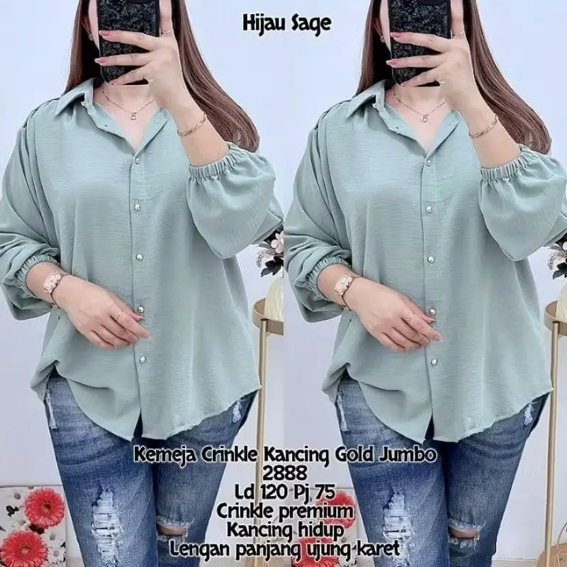 HARGA FLASH SALE!!!KEMEJA CRINKLE POLOS WANITA JUMBO KANCING GOLD