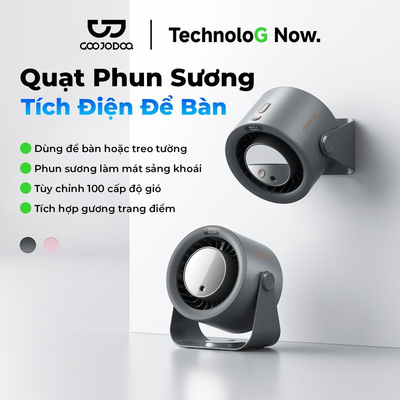 Quạt Phun Sương Tích Điện Để Bàn, Dùng để bàn hoặc treo tường, Phun sương làm mát sảng khoái, Tùy chỉnh 100 cấp độ gió, Tích hợp gương trang điểm