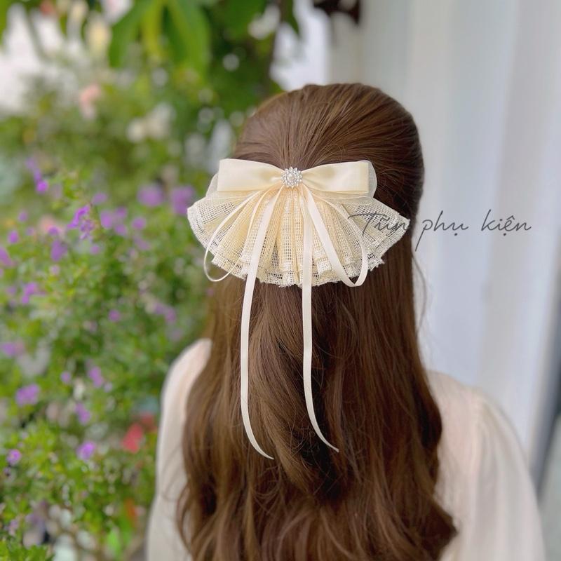 Kẹp bấm 8cm Kẹp tóc nơ ren nhún xoè tiểu thư xinh xắn - Hàng thiết kế của Tũn Nữ