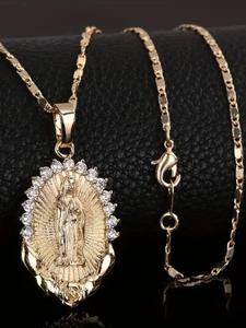 Collar para mujer con la Virgen de Guadalupe, base de flor de rosa, colgante 3D de estilo lujoso, joyería religiosa diaria para adoración