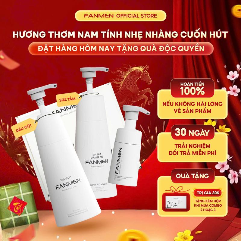    Combo Trưởng Thành   Dầu gội sạch gàu dưỡng tóc cho nam Fanmen 350ml Sữa tắm muối biển chết hương thơm BlueSea nam tính 350ml và Bọt vệ sinh nam làm sạch toàn diện khuẩn khử mùi 100ml hương thơm nam tính | Tặng Kèm Hộp Đựng 