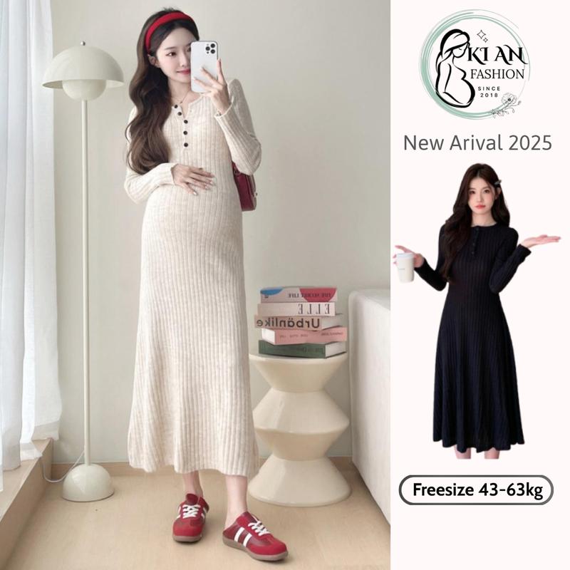 Váy Bầu Len BODY Cao Cấp KIAN DÀI TAY đầm bầu len dệt kim dáng dài tiểu thư sang chảnh váy bầu thu đông QC có nút cài Voi Nữ Women