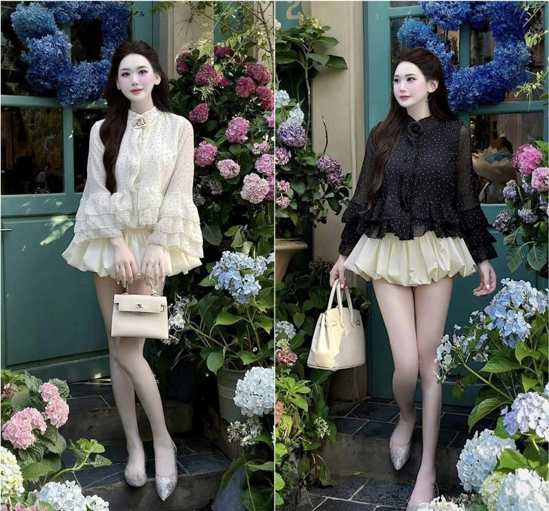 Sét áo sơ mi voan tơ tay bèo kèm chân váy bí lụa có lót quần cực xinh dành cho các nàng diện đi chơi đi tiệc