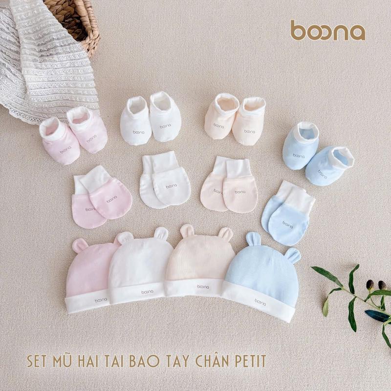( Sét 3 Chi Tiết )  Bộ Mũ Tai Gấu Kèm Bao Tay Chân  Boona Chất Liệu Bamboo Silk Mềm Mại, Thoáng Mát Cho Bé Sơ Sinh
